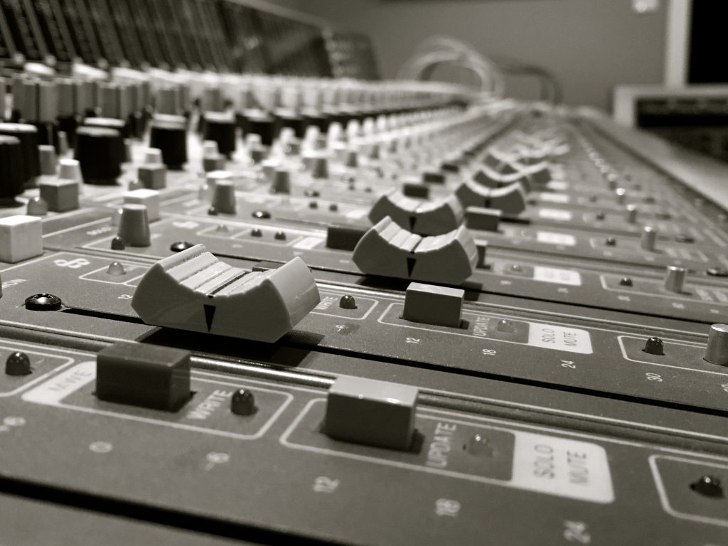 Perspective view of the faders on the Series 34 mixing console by Sound Workshop
